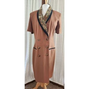 D22 Danny & Nicole Vintage Double Breasted Dress - Brown w Leopard Print Collar